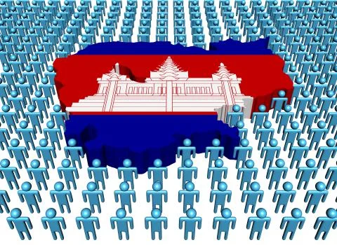 Cambodia map flag surrounded by many abstract people illustration Stock Illustration