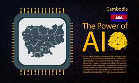 Cambodia map with microchip war and AI concept on circuit board, Power of A.. Ilustração Stock
