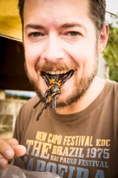 Cambodia, mid adult man eating fried tarantula spiders Stock Photos