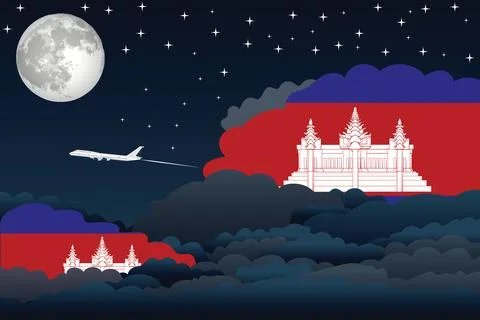 Cambodia Night Clouds Airplane Vector Illustration Stock Illustration
