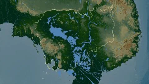 Cambodia outlined on a Colored elevation map with lakes and rivers Stock Illustration
