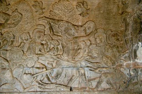  Cambodia: Sinners in hell tortured by devils, Heaven and Hells bas-relief... Foto stock