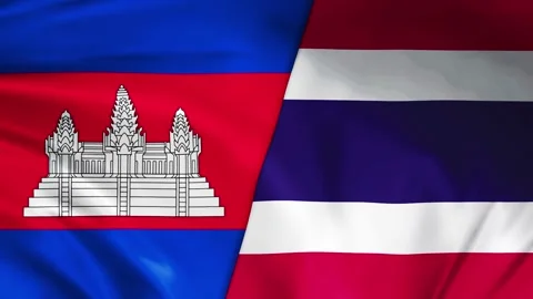 Cambodia vs Thailand flags flying in realistic animation Stock Footage 329365916