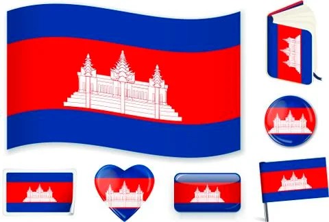 Cambodian flag wave, book, circle, pin, button, heart and sticker. Stock Illustration