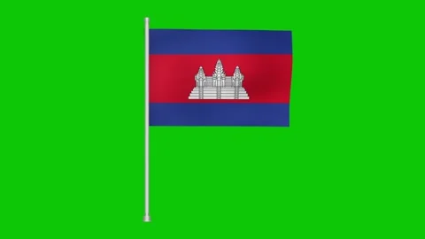 Cambodian flag waving on a pole against a bright green screen background Stock Footage 317543309