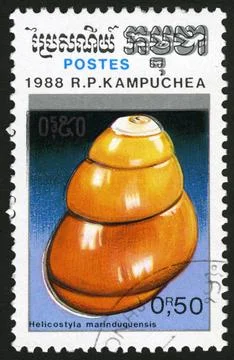 Cambodia,post mark,stamp,molluscs, shell Stock Photos