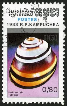 Cambodia,post mark,stamp,molluscs, shell Stock Photos