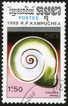 Cambodia,post mark,stamp,molluscs, shell Stock Photos