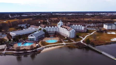 Cambridge, Maryland. Aerial orbit of Hyatt Regency resort and hotel. Stock Footage