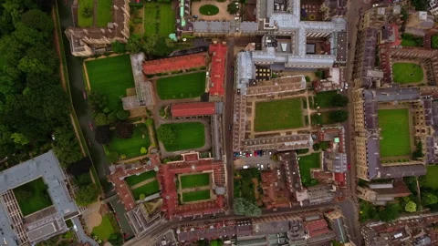 Cambridge University Colleges Top Down Aerial View Quadrangles River Cam England Stock Footage 335148818