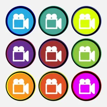 Camcorder icon sign. Nine multi colored round buttons. Stock Illustration
