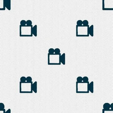 Camcorder icon sign. Seamless pattern with geometric texture. Ilustración de archivo