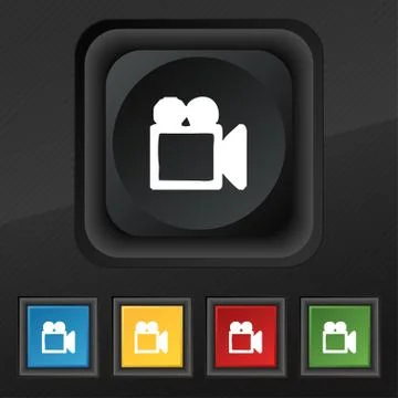 Camcorder icon symbol. Set of five colorful, stylish buttons on black texture fo Stock Illustration