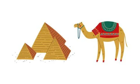Camel Animal and Triangular Pyramid Structure Vector Set Illustrazione stock
