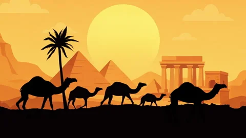 Camel caravan scrolling animation with desert sunset background Stock Footage 320972035
