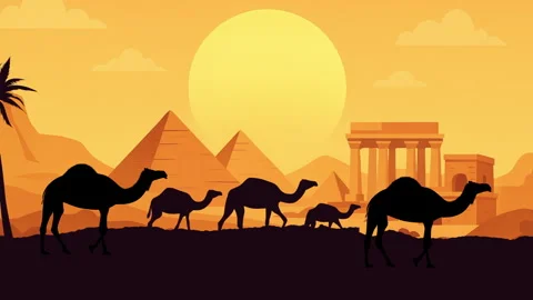 Camel caravan scrolling animation with static ancient Egypt background Stock Footage 317123644