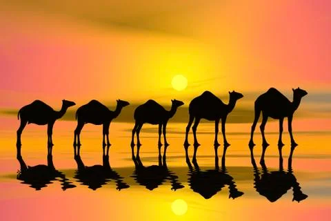 Camel caravan at sunset, silhouette, 3d graphics Illustrazione stock