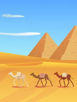 Camel caravan walking through the desert with pyramids, flat vector illustration Stock Illustration