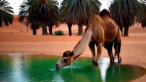 Camel Drinking Water at a Desert Oasis Stock Footage 283869127