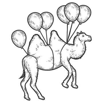 Camel flies on balloons. Sketch scratch board imitation. Black and white. Stock Illustration