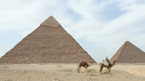 Camel infront of Kefren and Cheops Pyramids of Giza. Cairo. Egypt. Video stock 10937819