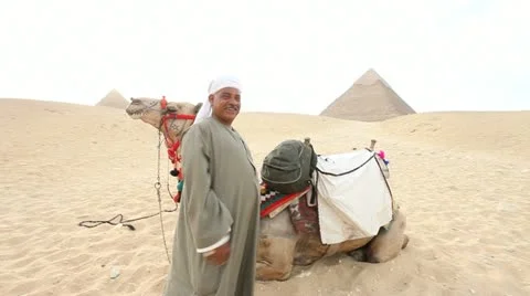Camel infront of Kefren and Cheops Pyramids of Giza. Cairo. Egypt. 스톡 동영상 10938359