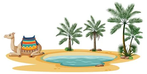 Camel Resting by Tropical Oasis Stock Illustration