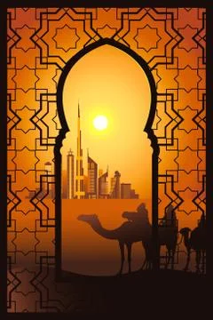 Camel riders in the desert near Dubai city in the arabesque frame Stock Illustration