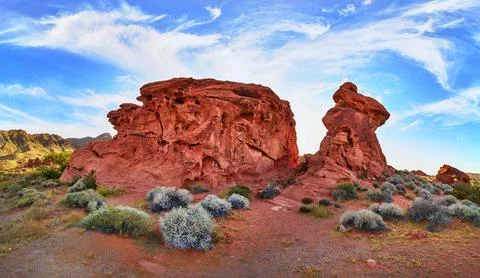 Camel Rock Red Sandstone Formations and Desert Panorama Valley of Fire Nevada Stock Photos