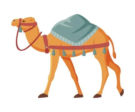 Camel with Saddle, Two Humped Ddesert Animal, Symbol of Egypt Flat Style Vector Stock Illustration