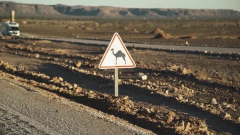 A camel sign on the side road in a desert Stock Footage 243572724