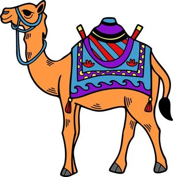 A camel is standing with a saddle on its back Stock Illustration