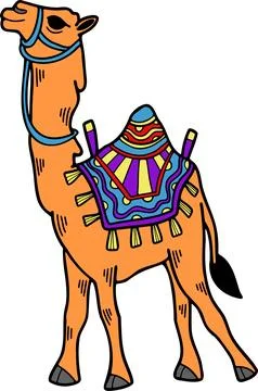A camel is standing with a saddle on its back Stock Illustration