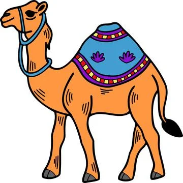 A camel is standing with a saddle on its back Stock Illustration