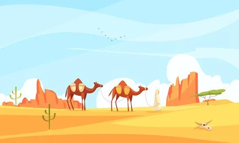 Camel train desert composition design vector Stock Illustration
