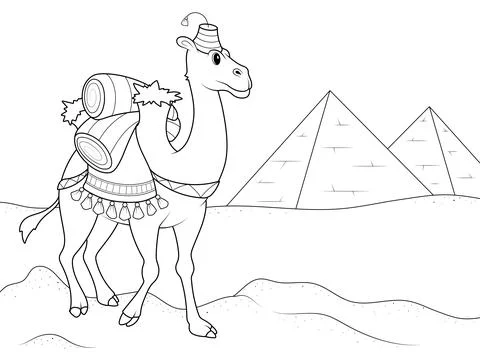 Camel transporting cargo through the Egyptian desert. Page outline of cartoon Stock Illustration