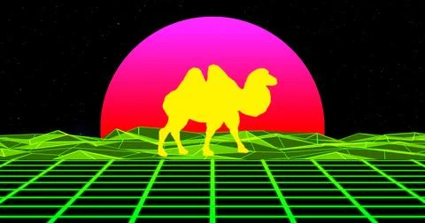 Camel traveling through the universe. Sci-fi neon style. Concept of 스톡 일러스트