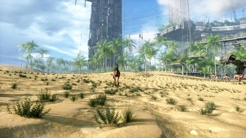 Camel walking in futuristic desert, sci fi city. Future architecture concept Vídeo Stock 267765259