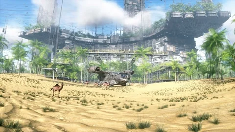 Camel walking in futuristic desert, sci fi city. Future architecture concept Vídeo Stock 267765670
