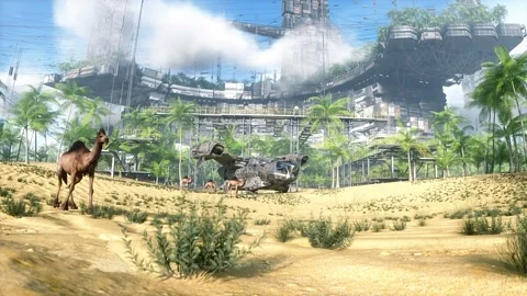 Camel walking in futuristic desert, sci fi city. Future architecture concept Video stock 267766210