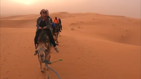 Camel walking through desert in tourists group. Vídeos de archivo 270764196
