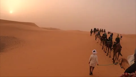 Camel walking through desert in tourists group. 스톡 동영상 270764217