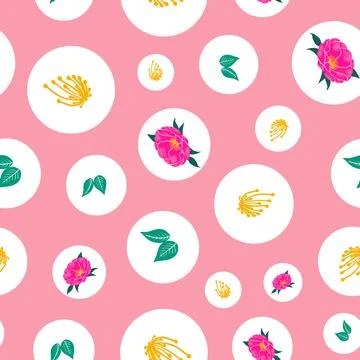 Camellia and bubbles vector repeat pattern design on pink Stock Illustration