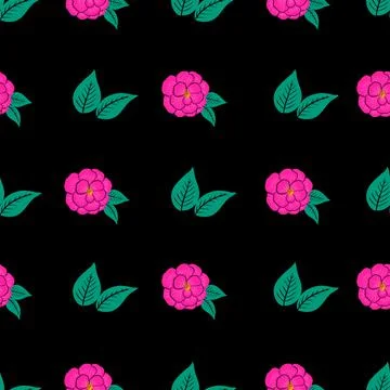 Camellia and leaves vector repeat pattern design on black 스톡 일러스트