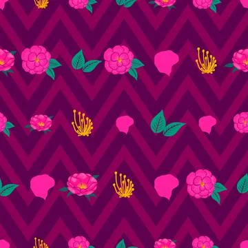 Camellia on chevron vector seamless pattern design Stock Illustration