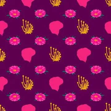 Camellia floral vector repeat pattern design on purple background Stock Illustration
