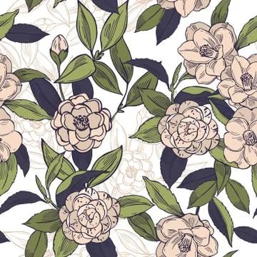 Camellia flowers.  Vector pattern. Stock Illustration