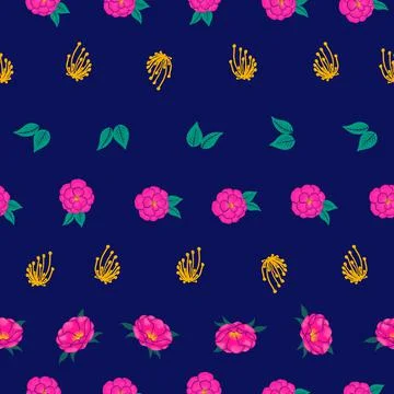 Camellia illustration seamless vector pattern design on dark blue Stock Illustration