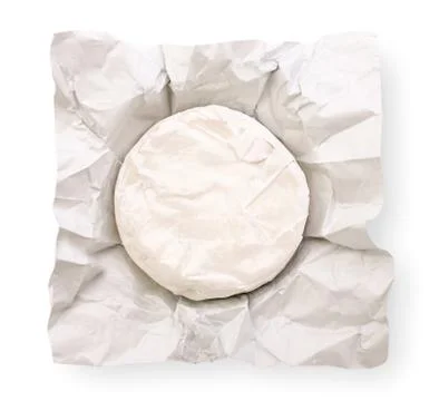 Camembert cheese in packaging on a white background, isolated. Top view Stock Photos