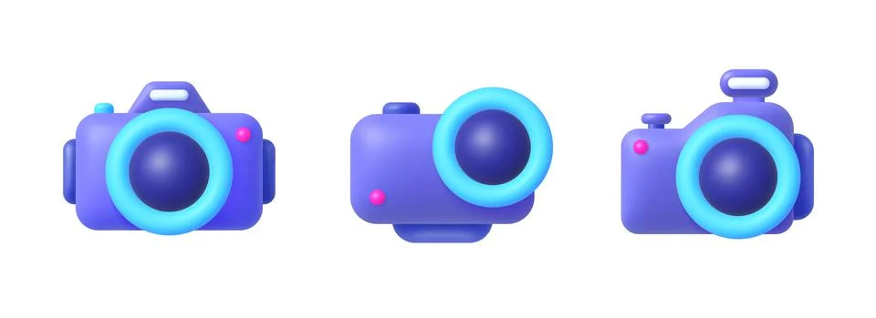 Camera 3D Vector Icon Set. Purple camera 3d on white background Stock Illustration